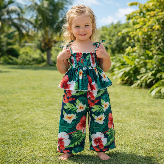 Toddler Girl Floral Smocked Jumpsuit with Tie Shoulders – Lightweight Summer Overalls