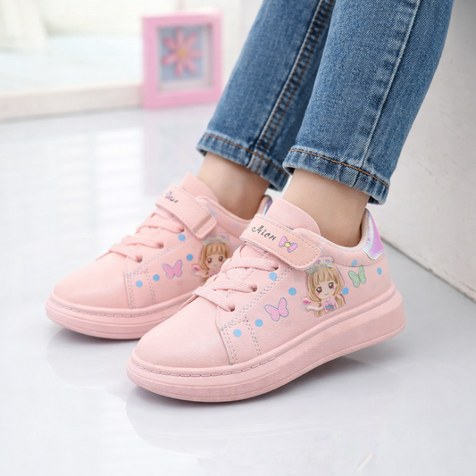 Girls White Cartoon Sneakers – Breathable Casual Shoes with Non-Slip Rubber Sole