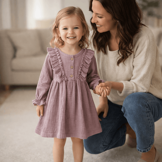 Girls' Crinkle Cotton Ruffle-Front Long Sleeve Dress – Soft Everyday Style