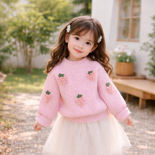 Girls Strawberry Knit Sweater – Cozy Textured Pullover (2–7 Years), Round Neck