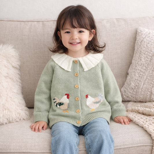 Baby & Toddler Girls Knit Cardigan Sweater (6 Months–3 Years) – Ruffled Collar, Rooster Embroidery