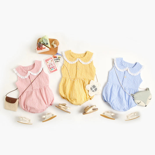 Lace-Trim Gingham Bubble Bodysuit for Baby Girls