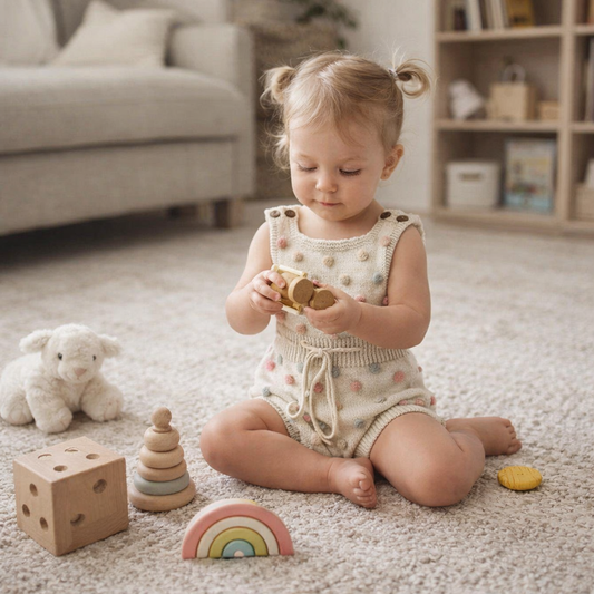 Hand-Knit Pom Pom Baby Romper – Soft Cotton Sleeveless One-Piece for Infants