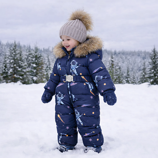 Girls’ Hooded Faux-Fur Snowsuit – Puffer-Style One-Piece Winter Jumpsuit with Belt