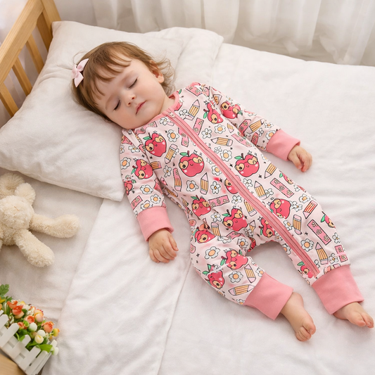 Infant Back-to-School Romper – Apple & Pencil Print Long Sleeve Jumpsuit