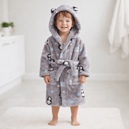 Kids' Hooded Fleece Bathrobe – Plush Flannel Robe with Pockets & Tie Belt, Cartoon Prints for Boys & Girls (2T–12 Years)