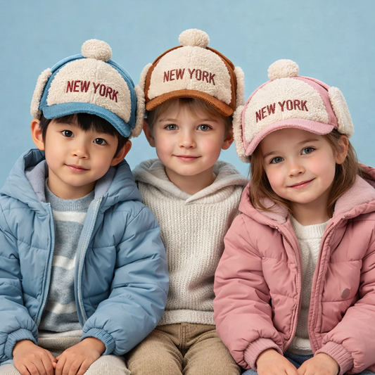 Kids Corduroy + Sherpa “New York” Earflap Baseball Cap