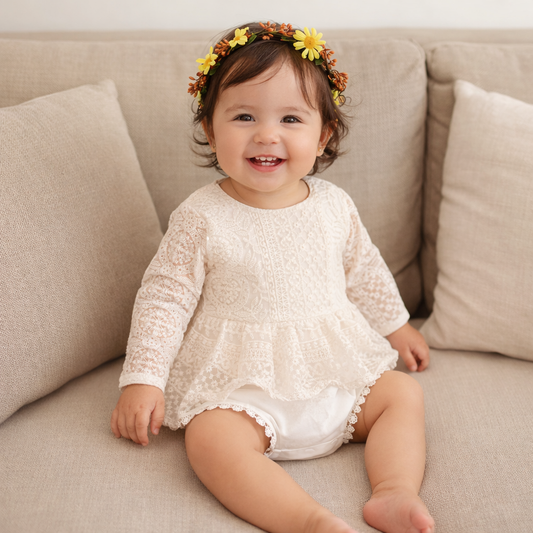 Lace Baby Girl Romper Dress with Flutter Sleeves – Soft Cotton Outfit (0–24 Months)