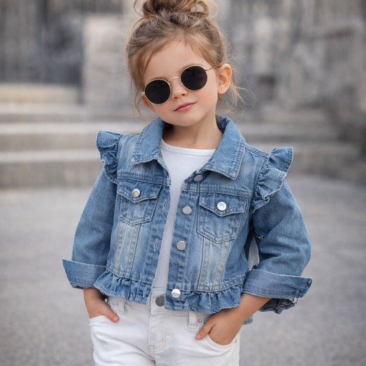 Girls Ruffle Sleeve Denim Jacket – Lightweight Washed Blue Button Jacket (Ages 4–7)