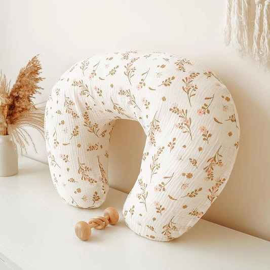 U-Shaped Cotton Muslin Nursing Pillow Cover with Floral & Solid Prints