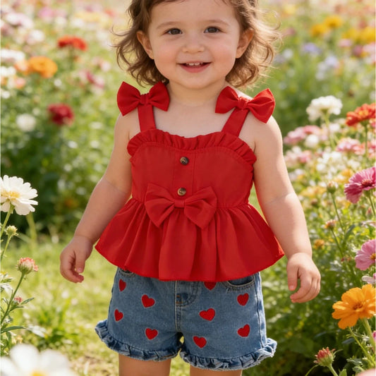 Bow-Shoulder Peplum Top & Heart Denim Shorts Set