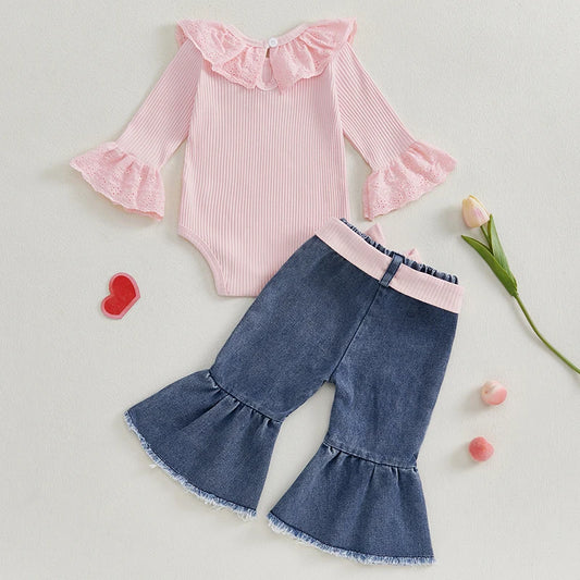 Eyelet Ruffle Romper & Flared Denim Pants Set for Baby Girls