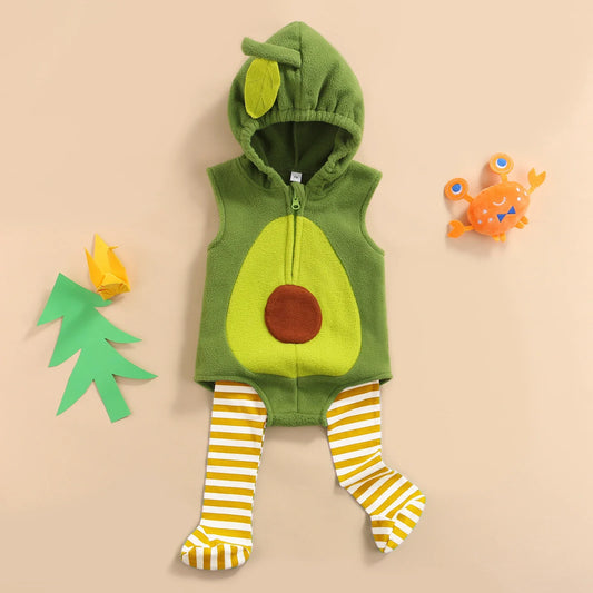 Avocado Hooded Fleece Romper & Striped Stockings Set