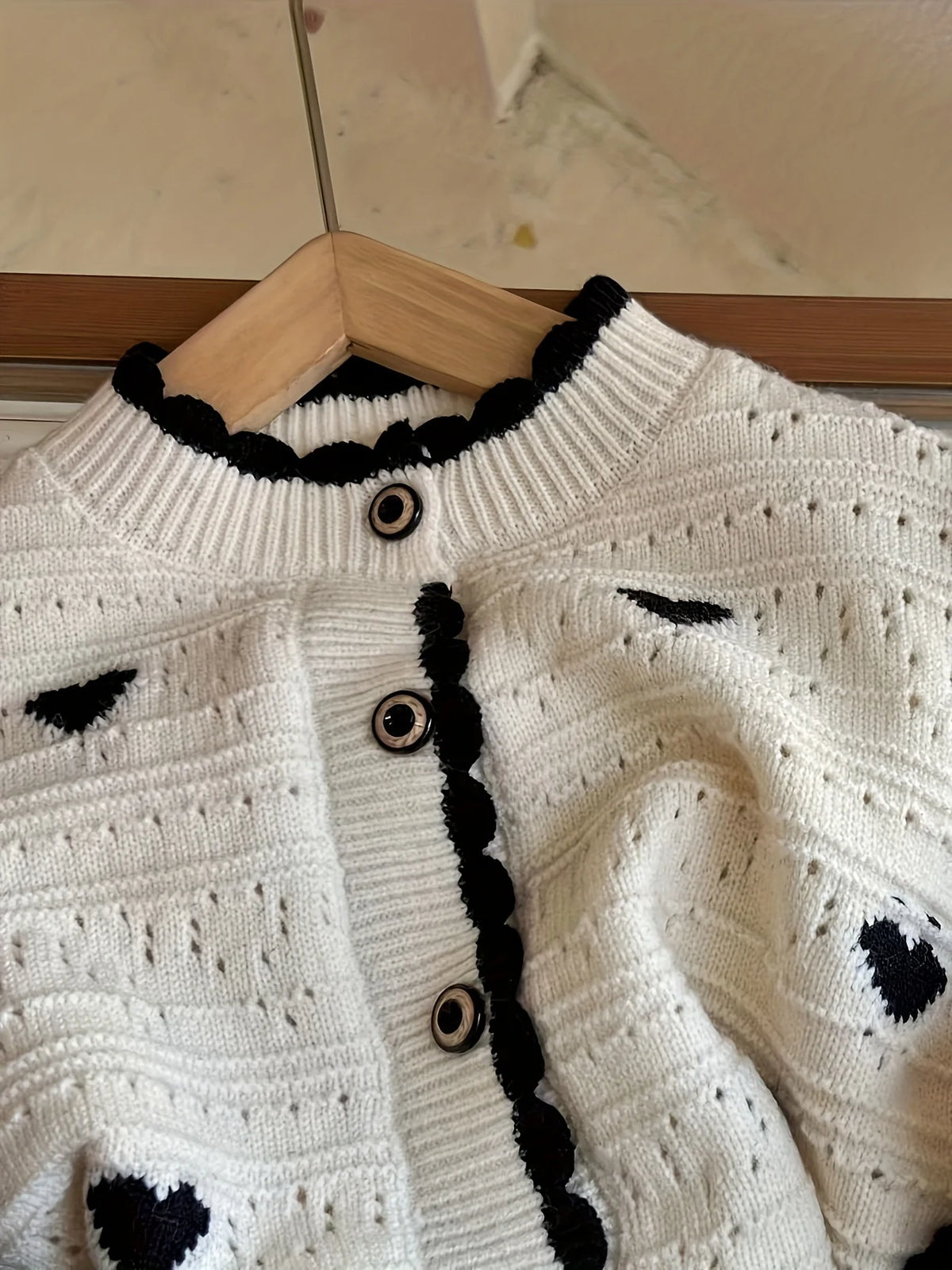 Black Heart Textured Knit Cardigan for Girls