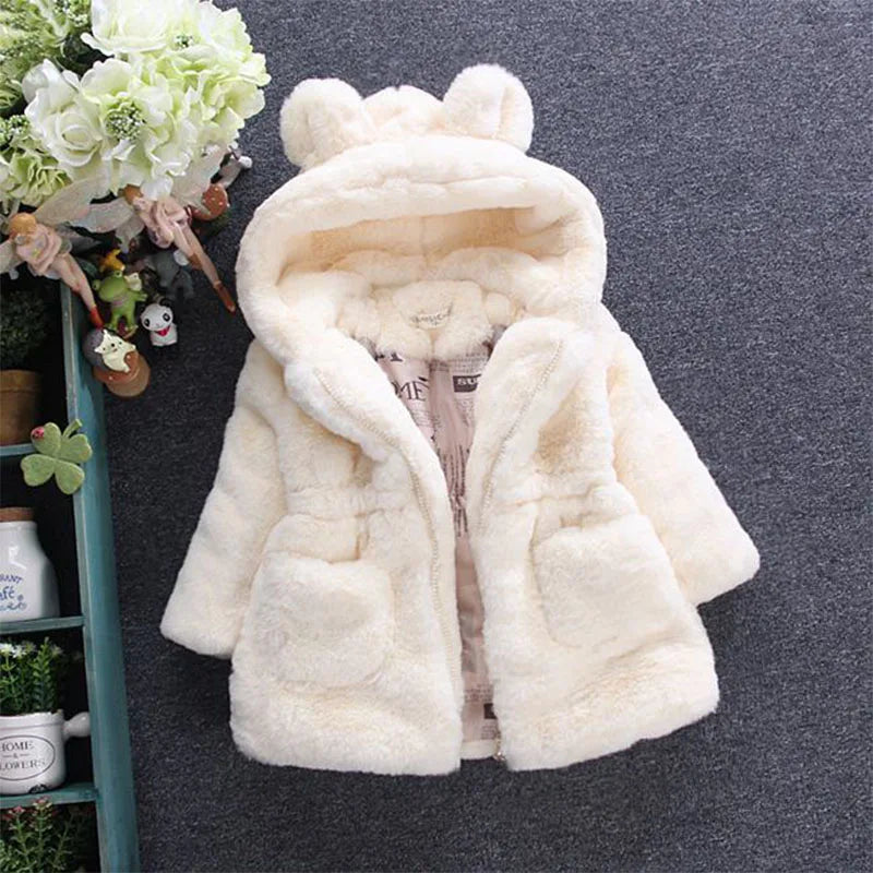 Bear-Ear Plush Hooded Winter Coat for Girls