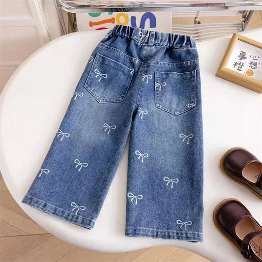 Allover Bow Print Wide-Leg Girls’ Denim Pants