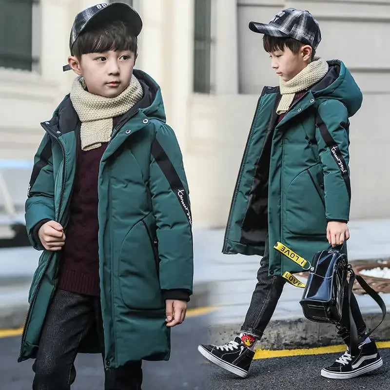 Contrast-Panel Longline Hooded Winter Coat for Boys