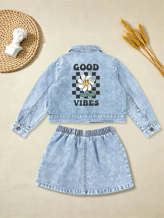 Good Vibes Daisy Denim Jacket & Skirt Set for Girls