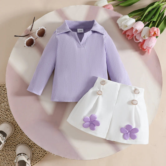 Floral Appliqué Ribbed Top & Pleated Shorts Set for Girls