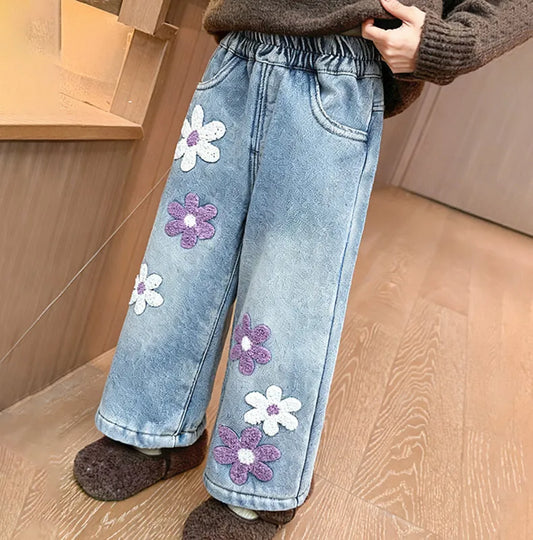 Floral Embroidered Fleece-Lined Wide-Leg Jeans for Girls