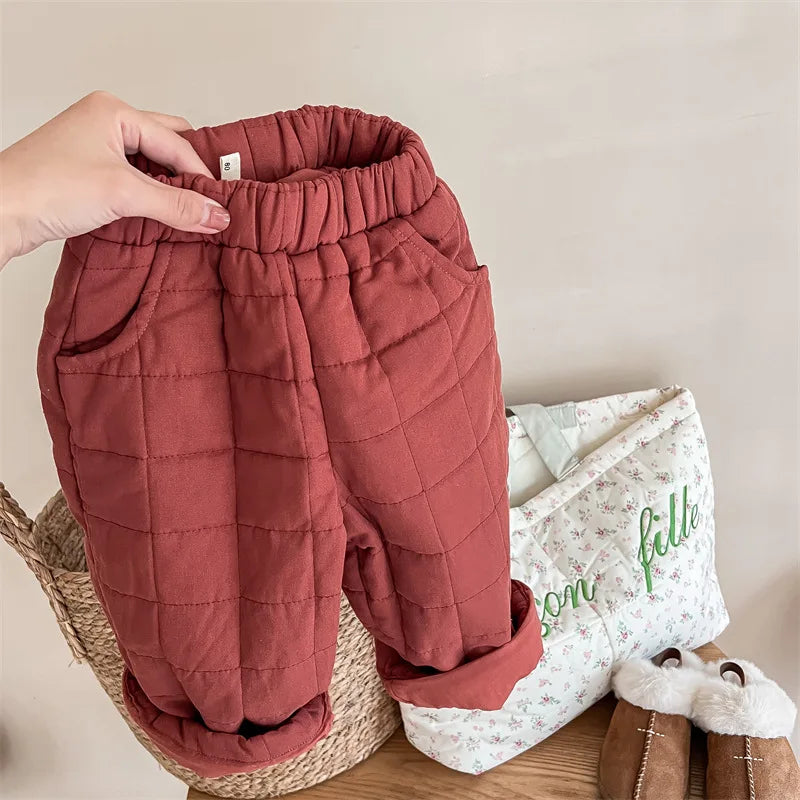Grid-Quilted Loose Fit Winter Pants for Kids