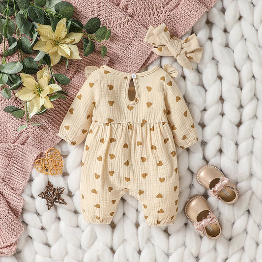 Bow-Detail Textured Cotton Romper & Headband Set for Baby Girls