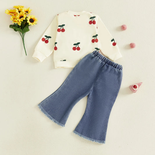 Textured Cherry Sweatshirt & Flared Denim Pants Set for Girls
