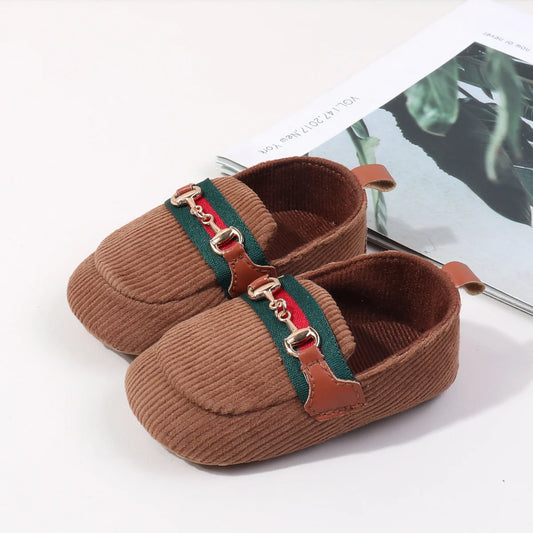 Corduroy Baby Loafers with Vintage Stripe & Gold-Tone Detail