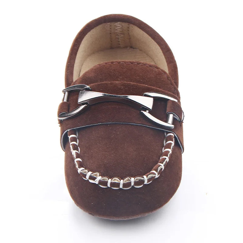 Metal Buckle Suede-Look Baby Loafers with Contrast Stitching