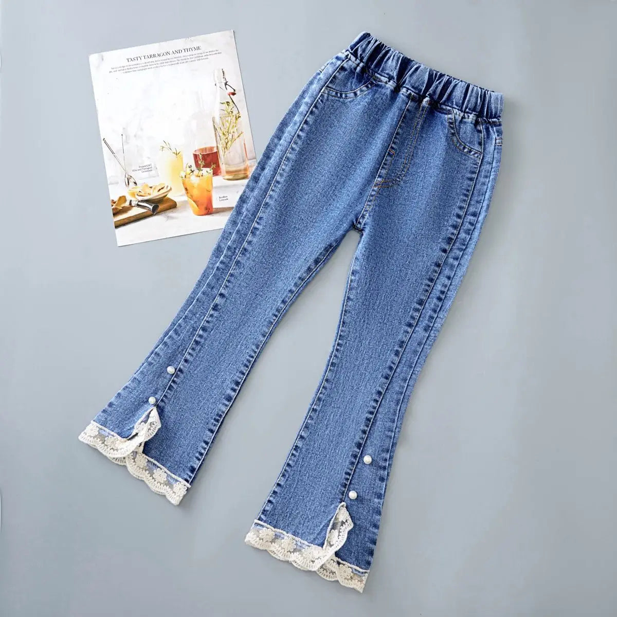Girls’ Lace-Hem Bootcut Jeans with Pearl Accents