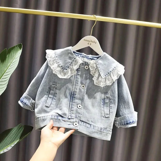 Scalloped & Lace-Collar Denim Jacket for Girls