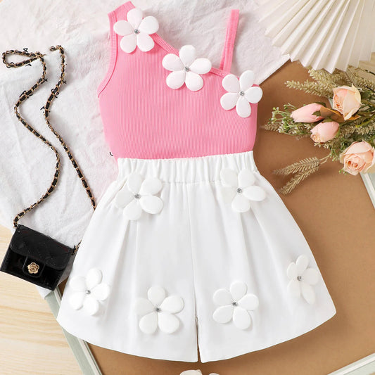 3D Daisy One-Shoulder Top & White Shorts Set for Girls