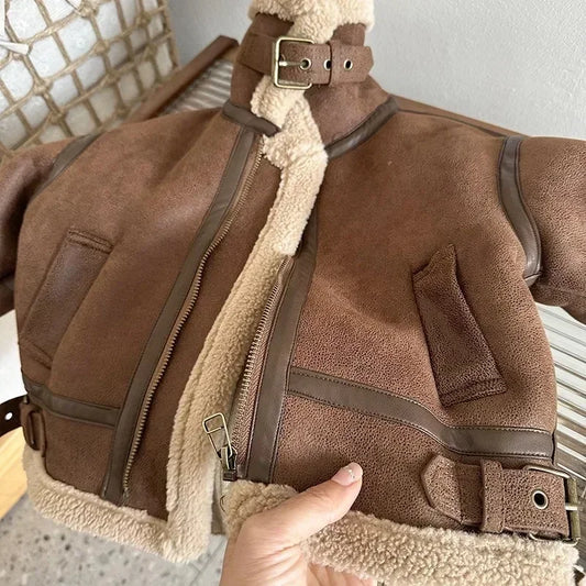 Coffee Brown Faux Shearling Aviator Jacket for Boys