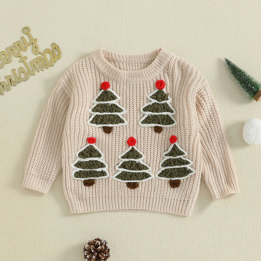 Baby Christmas Knit Sweater – Santa Hat & Tree Embroidery Crewneck (0–18 Months)