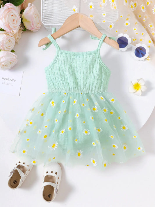 Mint Daisy Tulle Skirt Romper Dress for Baby Girls