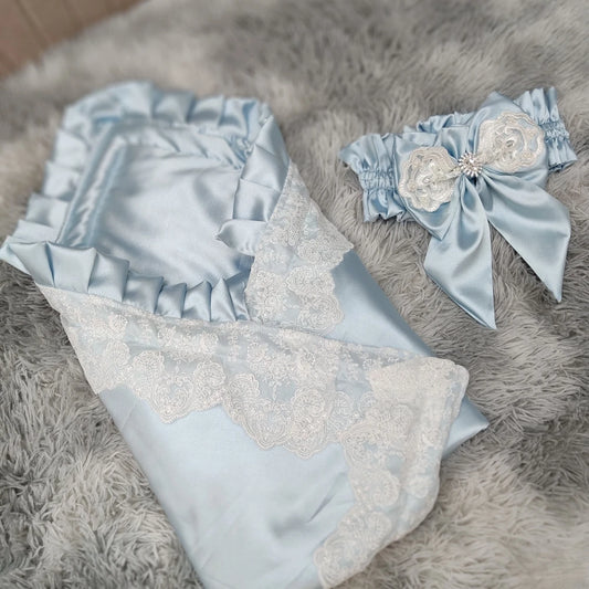 Lace-Trim Satin Baby Swaddle Blanket with Floral Bow