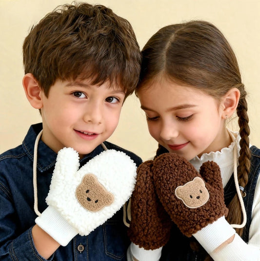 Cozy Teddy Bear Winter Mittens with Strap (Ages 3–7)