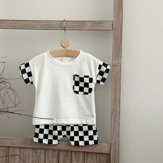 Black & White Checkerboard Tee & Shorts Set for Boys