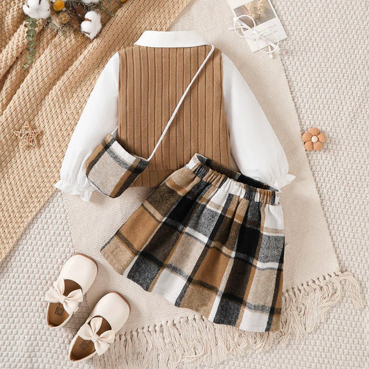 Preppy Knit Vest Blouse & Plaid Pleated Skirt Set for Girls
