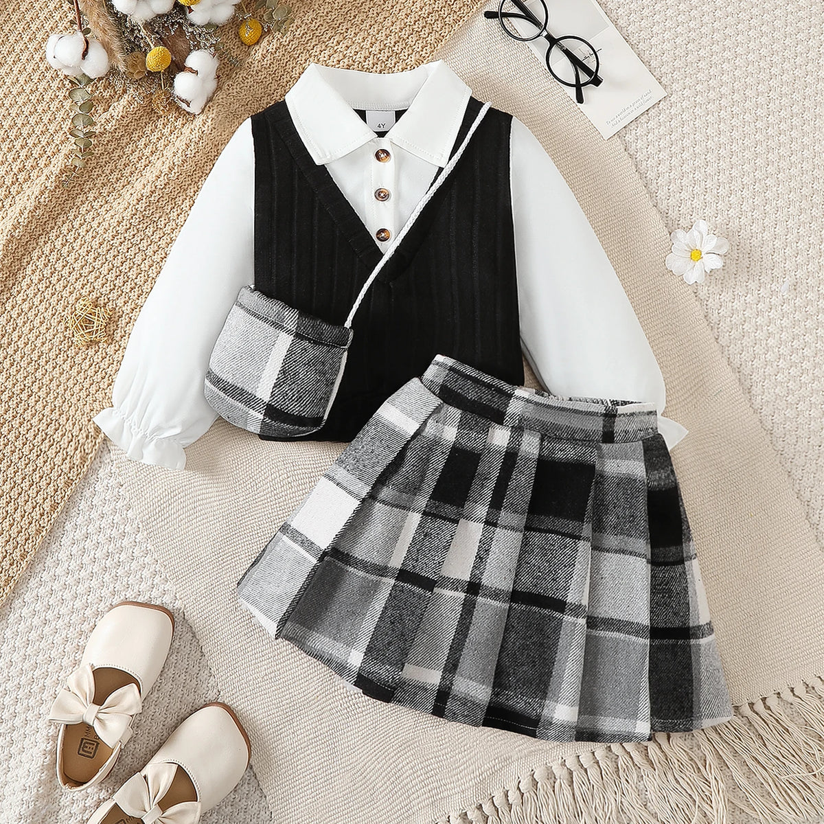 Preppy Knit Vest Blouse & Plaid Pleated Skirt Set for Girls