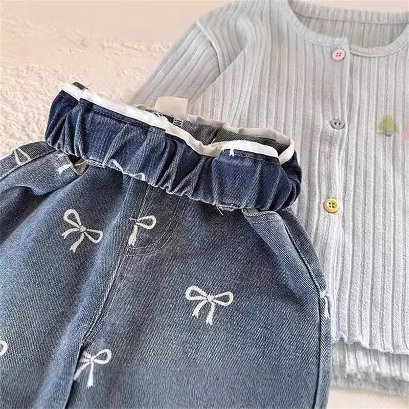 Allover Bow Print Wide-Leg Girls’ Denim Pants