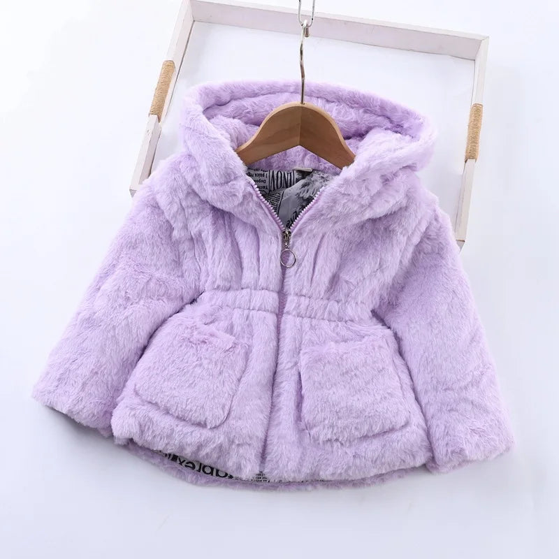 Baby Girls Sherpa Hooded Winter Coat with Pockets – Soft Plush Zip-Up Jacket
