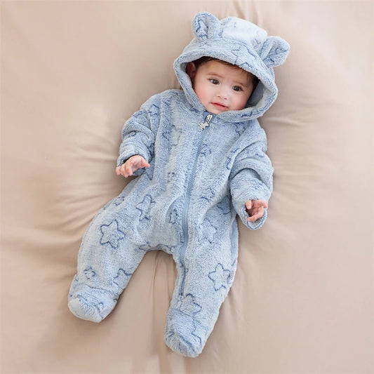 Plush Hooded Baby Jumpsuit – Cozy Flannel One-Piece with Bear Ears (0–12 Months)