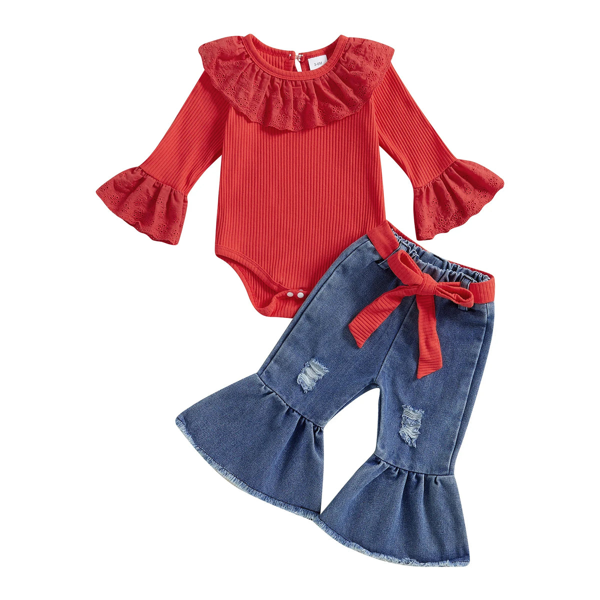 Eyelet Ruffle Romper & Flared Denim Pants Set for Baby Girls