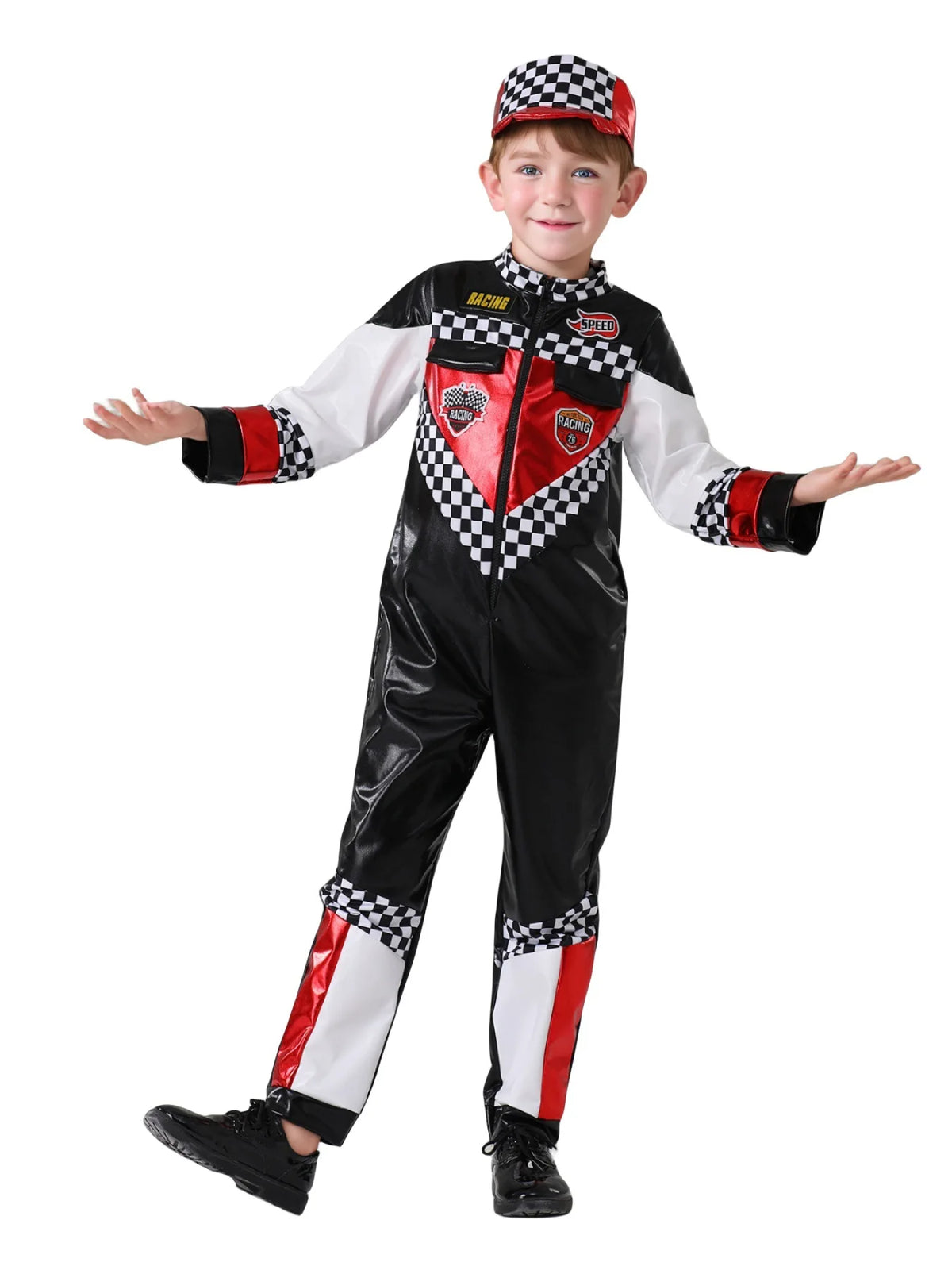 Costume Racing Driver Jumpsuit for Kids – Red & Checkered Race Car Dress-Up Set with Gloves