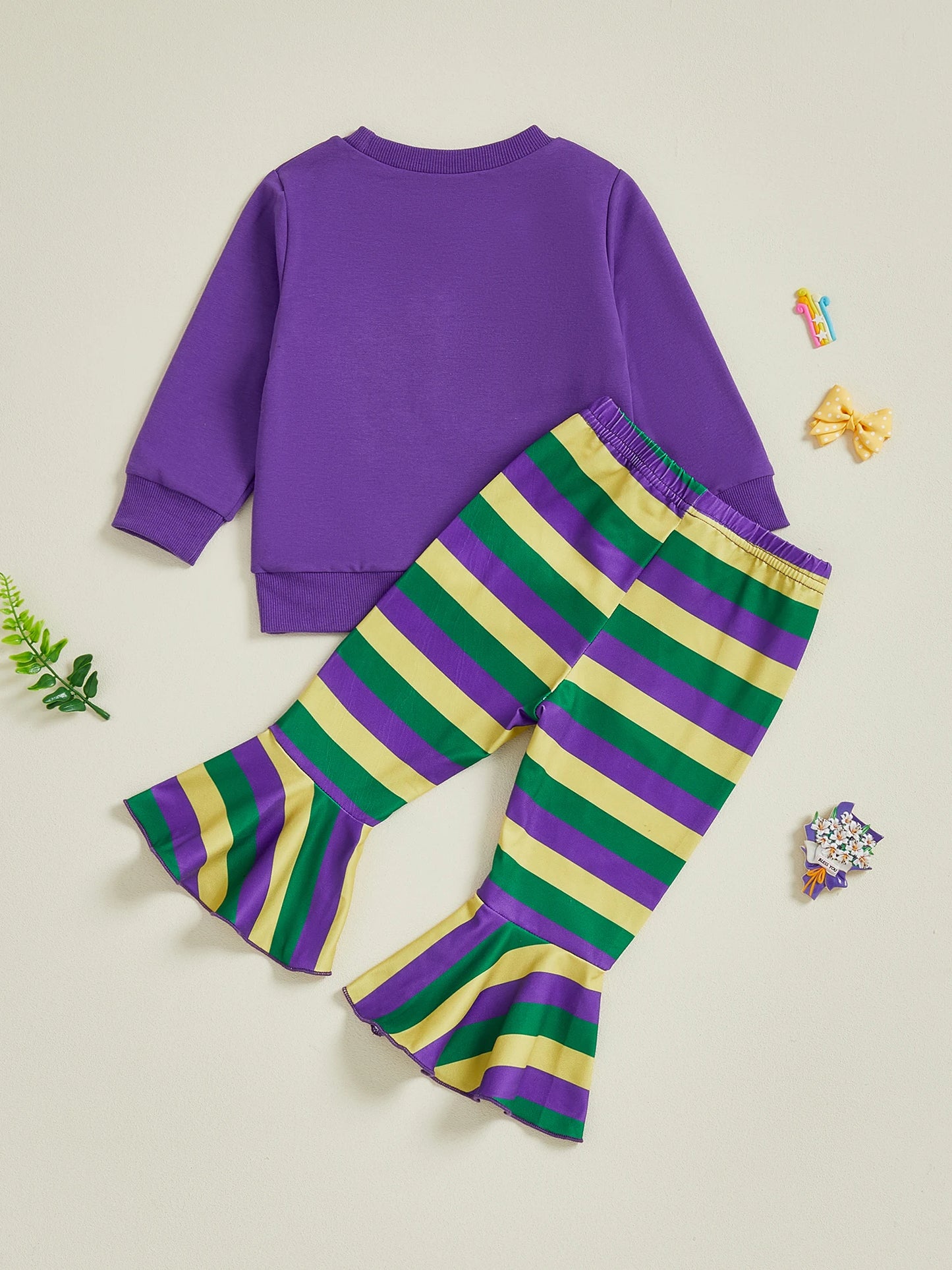 Embroidered Sweatshirt & Striped Flare Pants Set for Girls