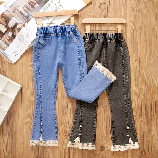 Girls’ Lace-Hem Bootcut Jeans with Pearl Accents