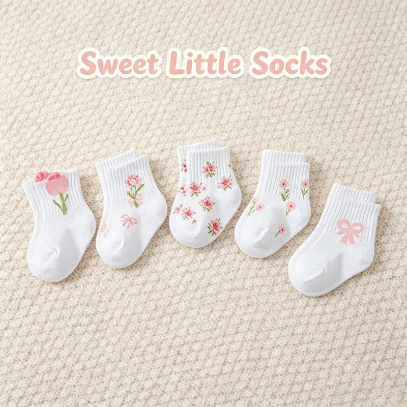 5-Pack Pink Floral & Bow Baby Girl Crew Socks
