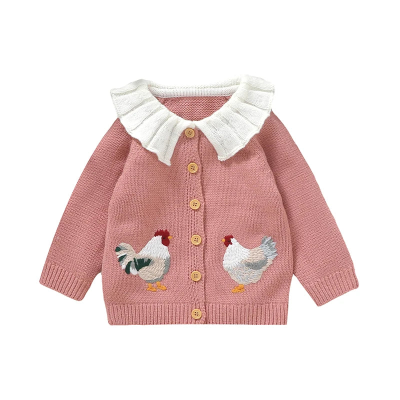 Baby & Toddler Girls Knit Cardigan Sweater (6 Months–3 Years) – Ruffled Collar, Rooster Embroidery