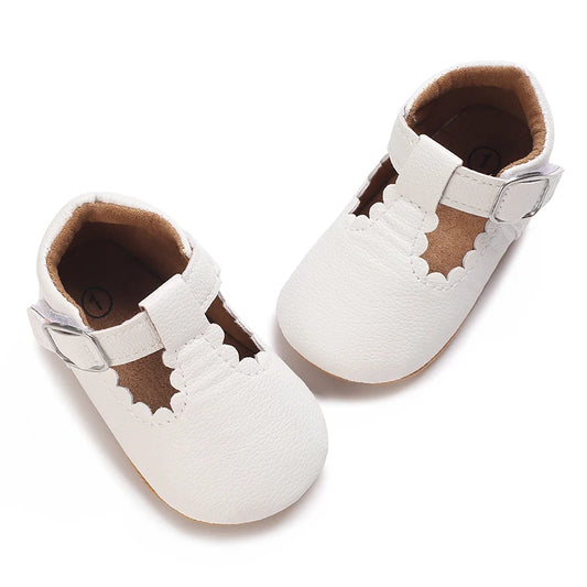 Scalloped T-Strap Baby Mary Jane Shoes with Bows & Cutout Details